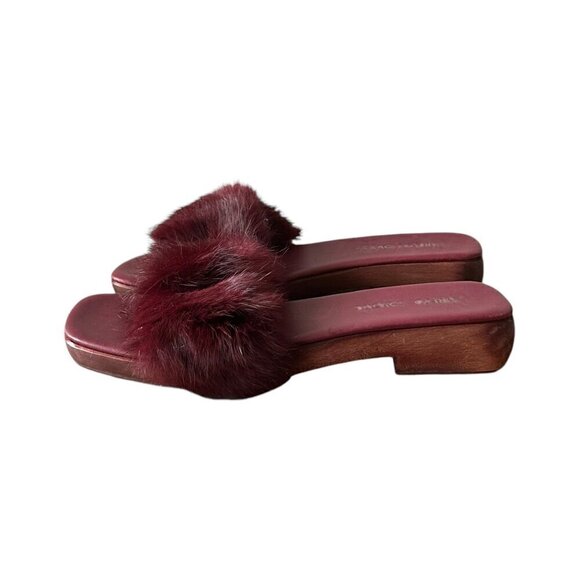 Burgundy Wine Rabbit Fur Wood Clog Slide Sandal, Size 38EU, Y2K - Picture 3 of 8